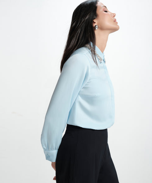 Collar Bead Detailed Chiffon Blue Shirt